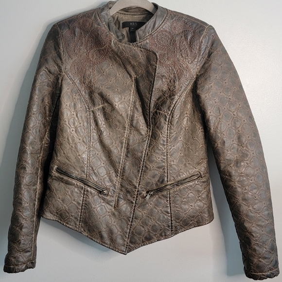 ABS by Allen Schwartz Medium Espresso Brown Faux Leather Moto Jacket - Picture 1 of 16